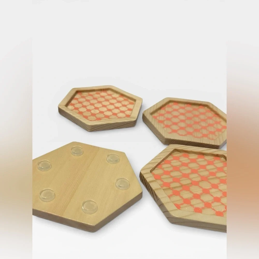 4 wooden drink coasters with design